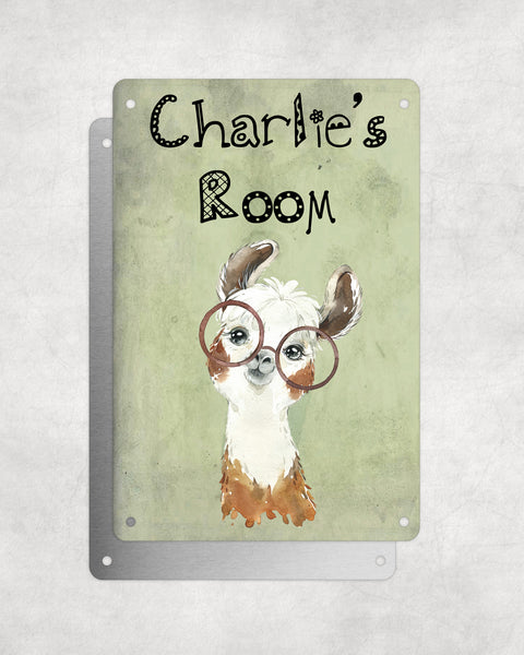Cute Animal Personalised Name Plaque – Funny Llama Big Ears With Brown Glasses | Vintage-Style Green Aluminium Sign for Kids’ Room