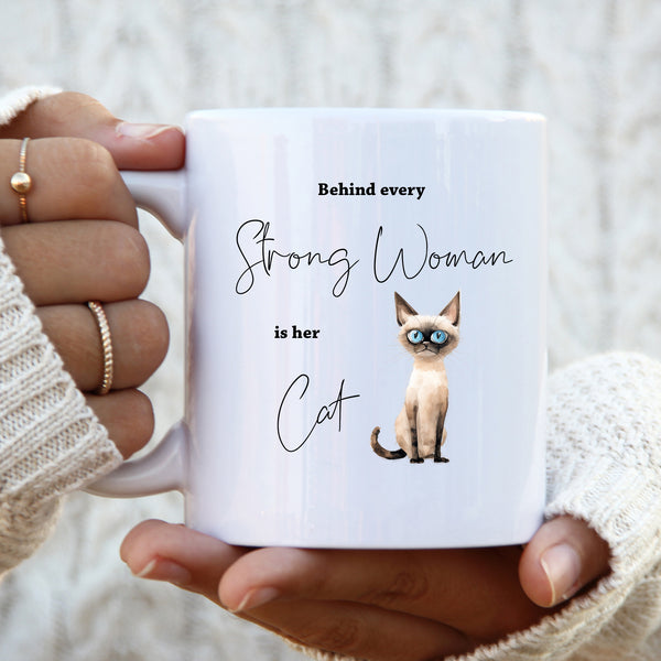 Behind Every Strong Woman is Her Cat, Funny Gift, Siamese, Personalised Mug