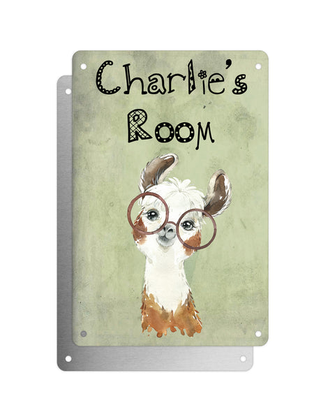 Cute Animal Personalised Name Plaque – Funny Llama Big Ears With Brown Glasses | Vintage-Style Green Aluminium Sign for Kids’ Room