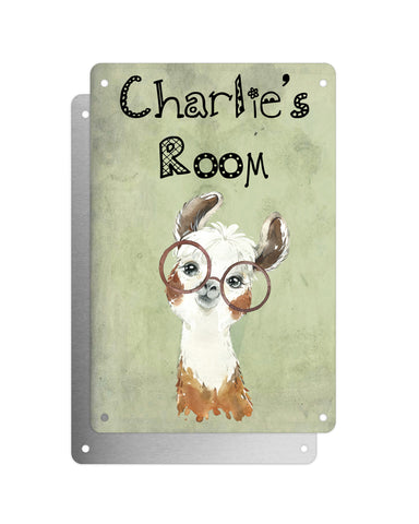 Cute Animal Personalised Name Plaque – Funny Llama Big Ears With Brown Glasses | Vintage-Style Green Aluminium Sign for Kids’ Room