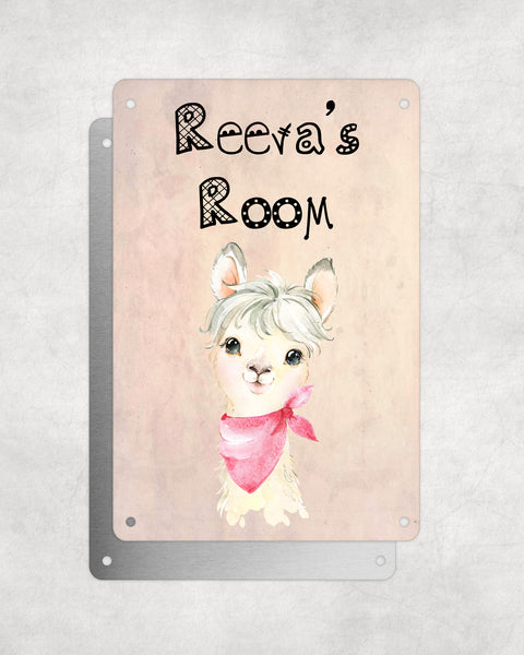 Cute Animal Personalised Name Plaque – Little White Llama With Pink Neck Tie | Vintage-Style Aluminium Sign for Kids’ Room