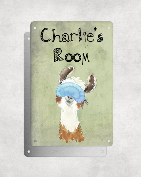 Cute Animal Personalised Name Plaque – Funny Llama Big Ears With Sleep Mask | Vintage-Style Green Aluminium Sign for Kids’ Room