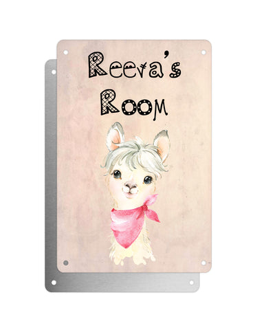 Cute Animal Personalised Name Plaque – Little White Llama With Pink Neck Tie | Vintage-Style Aluminium Sign for Kids’ Room