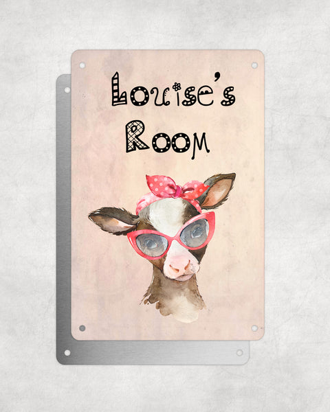 Cute Animal Personalised Name Plaque – Baby Calf With Head Tie | Vintage-Style Aluminium Sign for Kids’ Room