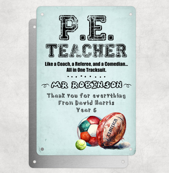 Personalised Teacher Tribute Aluminium Plaque – 'PE Teacher, Like a Coach, Referee and Comedian' With Sports Graphic, Leaving Gift