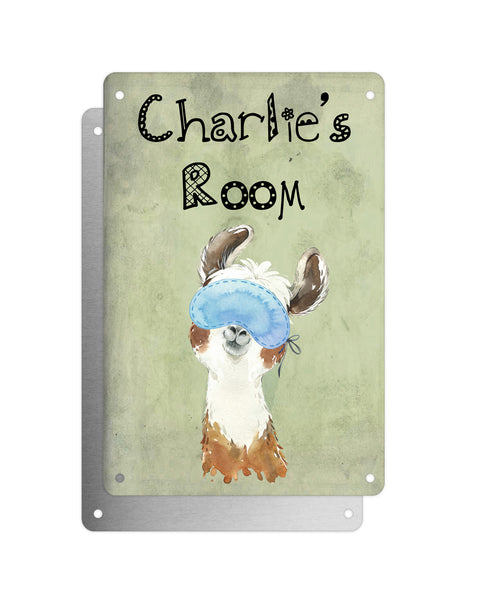 Cute Animal Personalised Name Plaque – Funny Llama Big Ears With Sleep Mask | Vintage-Style Green Aluminium Sign for Kids’ Room