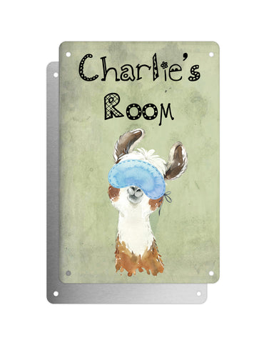 Cute Animal Personalised Name Plaque – Funny Llama Big Ears With Sleep Mask | Vintage-Style Green Aluminium Sign for Kids’ Room