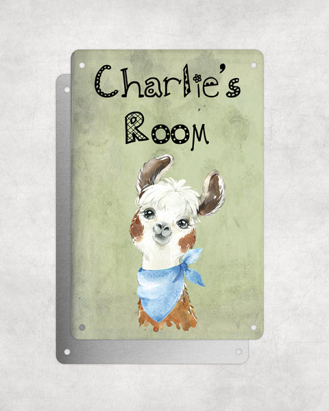 Cute Animal Personalised Name Plaque – Funny Llama Big Ears With Blue Neck Tie | Vintage-Style Green Aluminium Sign for Kids’ Room