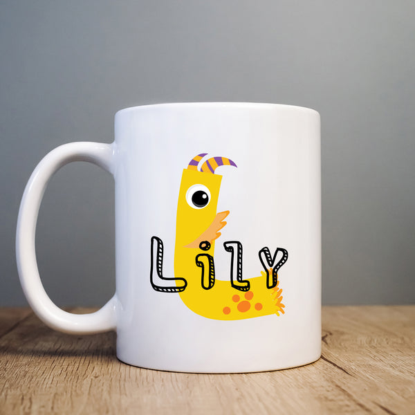 Cartoon Initial With Name, Monster Theme, Colourful Cute Child's Birthday Gift, Personalised Mug