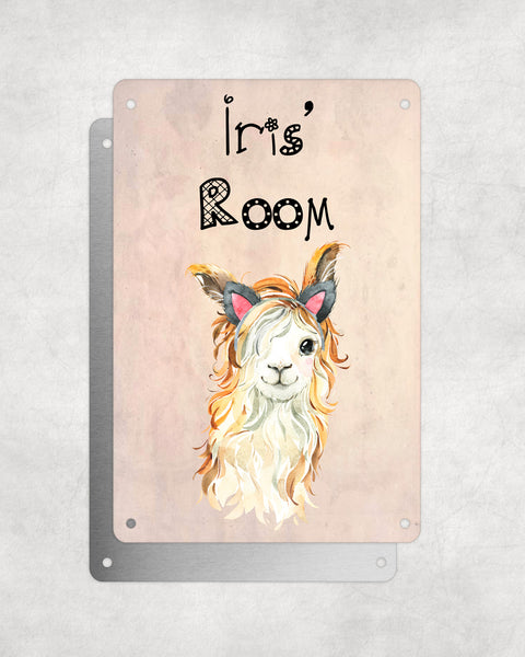 Cute Animal Personalised Name Plaque – Funny Llama With Beachy Waves & Cat Ears | Vintage-Style Aluminium Sign for Kids’ Room