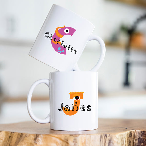 Cartoon Initial With Name, Monster Theme, Colourful Cute Child's Birthday Gift, Personalised Mug