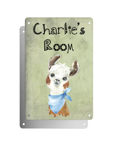 Cute Animal Personalised Name Plaque – Funny Llama Big Ears With Blue Neck Tie | Vintage-Style Green Aluminium Sign for Kids’ Room
