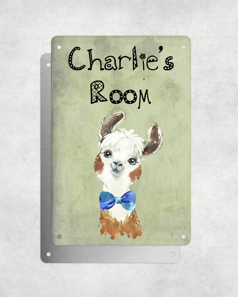 Cute Animal Personalised Name Plaque – Funny Llama Big Ears With Blue Bow Tie | Vintage-Style Green Aluminium Sign for Kids’ Room