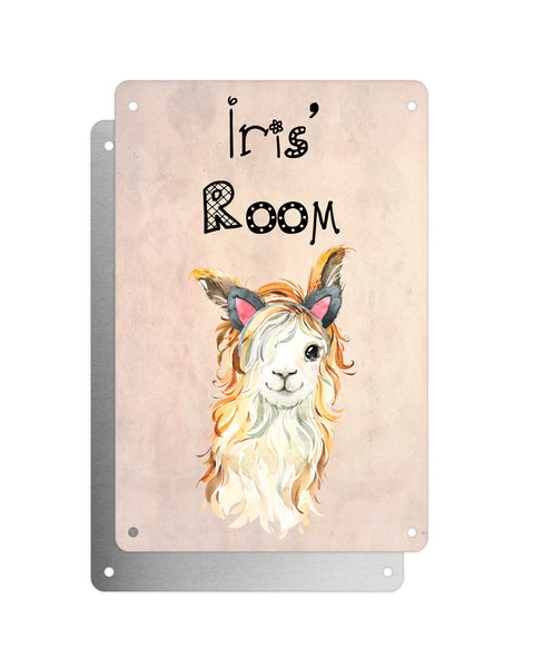 Cute Animal Personalised Name Plaque – Funny Llama With Beachy Waves & Cat Ears | Vintage-Style Aluminium Sign for Kids’ Room