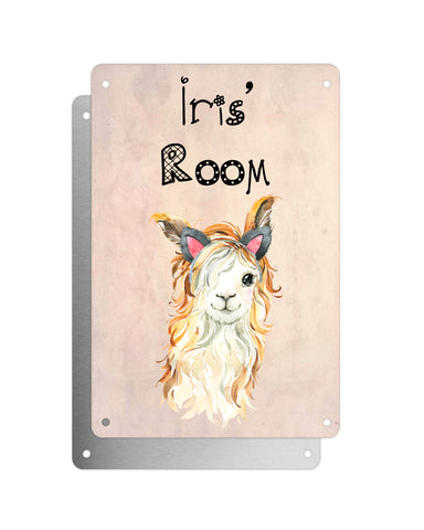 Cute Animal Personalised Name Plaque – Funny Llama With Beachy Waves & Cat Ears | Vintage-Style Aluminium Sign for Kids’ Room