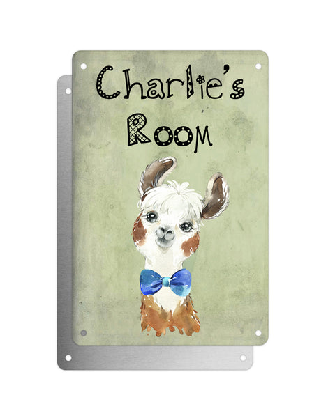 Cute Animal Personalised Name Plaque – Funny Llama Big Ears With Blue Bow Tie | Vintage-Style Green Aluminium Sign for Kids’ Room