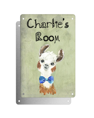 Cute Animal Personalised Name Plaque – Funny Llama Big Ears With Blue Bow Tie | Vintage-Style Green Aluminium Sign for Kids’ Room