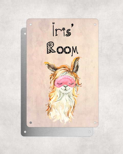 Cute Animal Personalised Name Plaque – Funny Llama With Beachy Waves & Sleep Mask | Vintage-Style Aluminium Sign for Kids’ Room