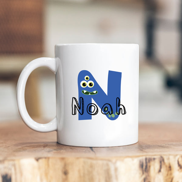 Cartoon Initial With Name, Monster Theme, Colourful Cute Child's Birthday Gift, Personalised Mug