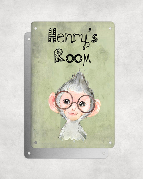 Cute Animal Personalised Name Plaque – Baby Monkey With Brown Glasses | Vintage-Style Green Aluminium Sign for Kids’ Room