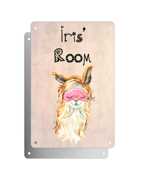Cute Animal Personalised Name Plaque – Funny Llama With Beachy Waves & Sleep Mask | Vintage-Style Aluminium Sign for Kids’ Room