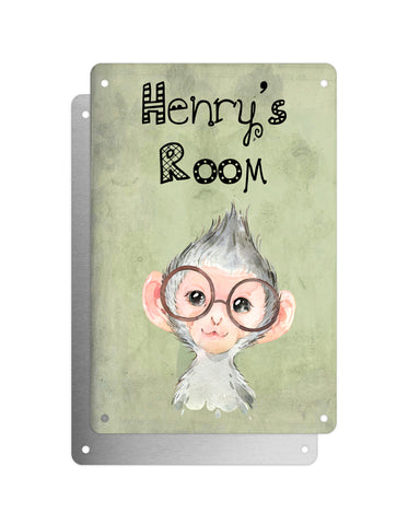Cute Animal Personalised Name Plaque – Baby Monkey With Brown Glasses | Vintage-Style Green Aluminium Sign for Kids’ Room