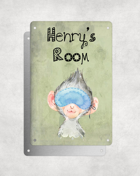 Cute Animal Personalised Name Plaque – Baby Monkey With Sleep Mask | Vintage-Style Green Aluminium Sign for Kids’ Room