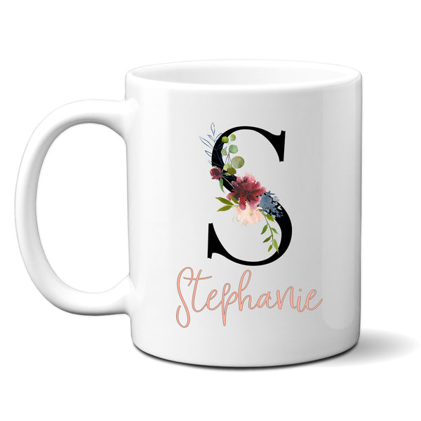 Floral Initial With Name, Black and Coral, Stylish Cute Birthday Gift for Her, Personalised Mug