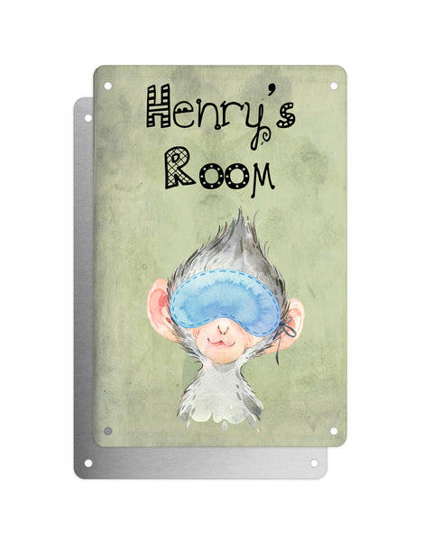 Cute Animal Personalised Name Plaque – Baby Monkey With Sleep Mask | Vintage-Style Green Aluminium Sign for Kids’ Room