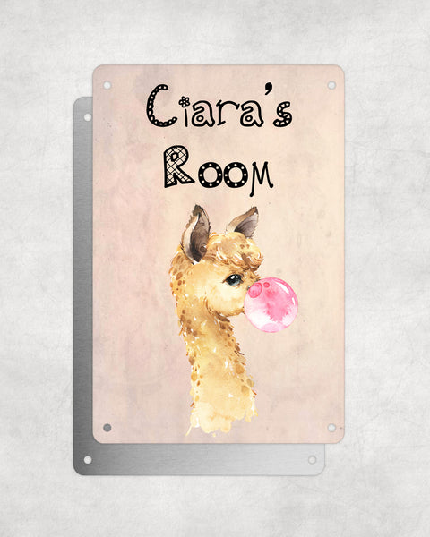 Cute Animal Personalised Name Plaque – Little Brown Llama With Bubblegum | Vintage-Style Aluminium Sign for Kids’ Room