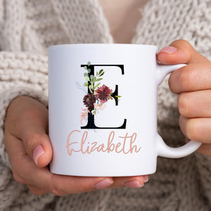 Floral Initial With Name, Black and Coral, Stylish Cute Birthday Gift for Her, Personalised Mug