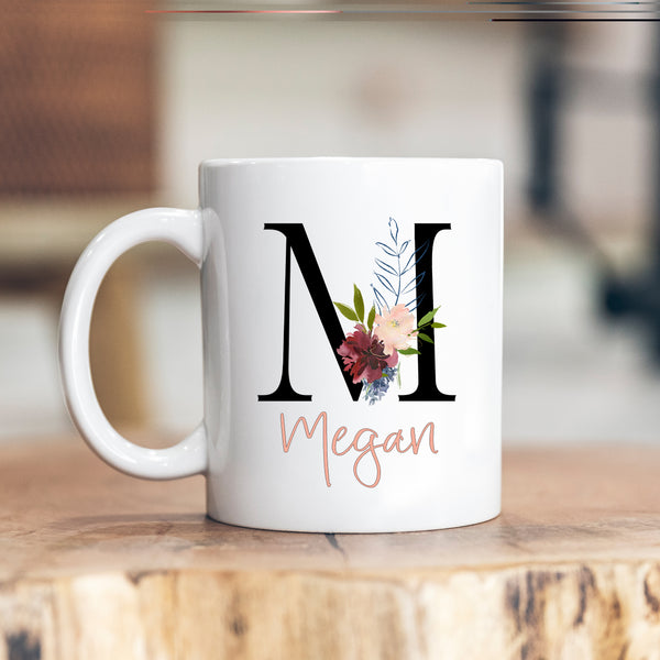 Floral Initial With Name, Black and Coral, Stylish Cute Birthday Gift for Her, Personalised Mug