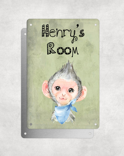 Cute Animal Personalised Name Plaque – Baby Monkey With Blue Neck Tie | Vintage-Style Green Aluminium Sign for Kids’ Room