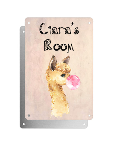 Cute Animal Personalised Name Plaque – Little Brown Llama With Bubblegum | Vintage-Style Aluminium Sign for Kids’ Room