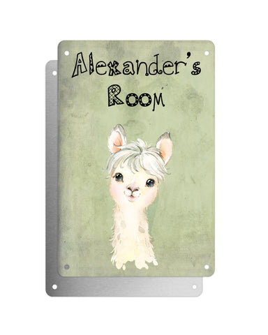 Cute Animal Personalised Name Plaque – Little White Llama | Vintage-Style Green Aluminium Sign for Kids’ Room