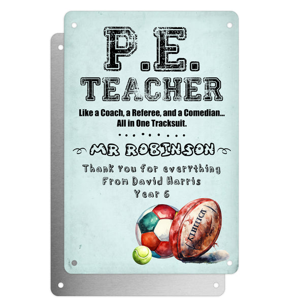 Personalised Teacher Tribute Aluminium Plaque – 'PE Teacher, Like a Coach, Referee and Comedian' With Sports Graphic, Leaving Gift