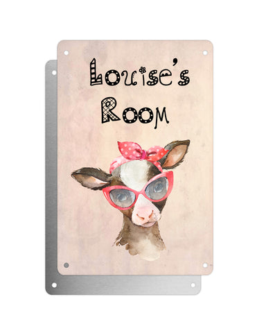Cute Animal Personalised Name Plaque – Baby Calf With Head Tie | Vintage-Style Aluminium Sign for Kids’ Room