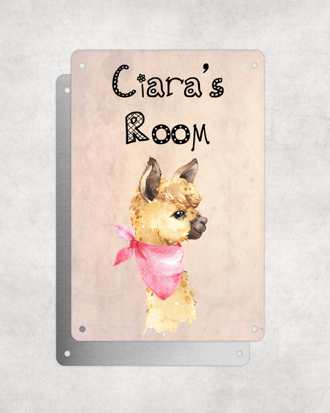 Cute Animal Personalised Name Plaque – Little Brown Llama With Pink Neck Tie | Vintage-Style Aluminium Sign for Kids’ Room