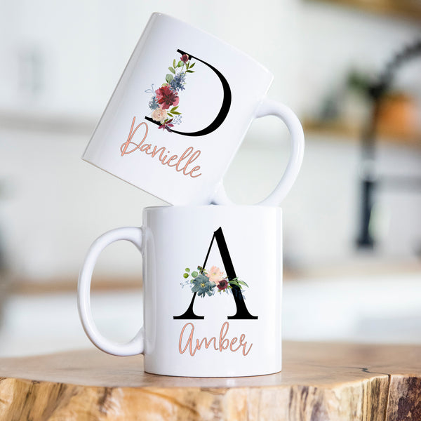 Floral Initial With Name, Black and Coral, Stylish Cute Birthday Gift for Her, Personalised Mug