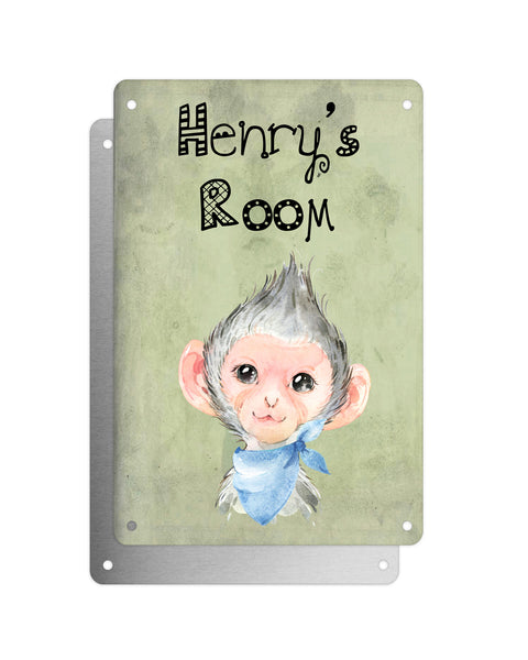 Cute Animal Personalised Name Plaque – Baby Monkey With Blue Neck Tie | Vintage-Style Green Aluminium Sign for Kids’ Room