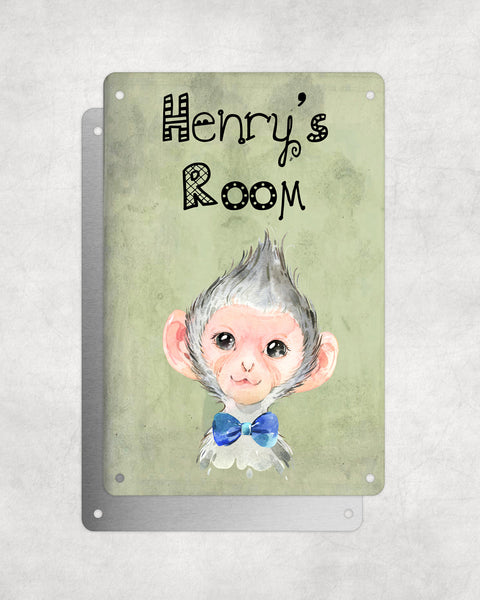 Cute Animal Personalised Name Plaque – Baby Monkey With Blue Bow Tie | Vintage-Style Green Aluminium Sign for Kids’ Room