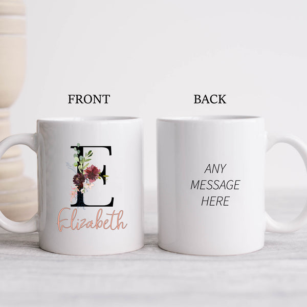 Floral Initial With Name, Black and Coral, Stylish Cute Birthday Gift for Her, Personalised Mug