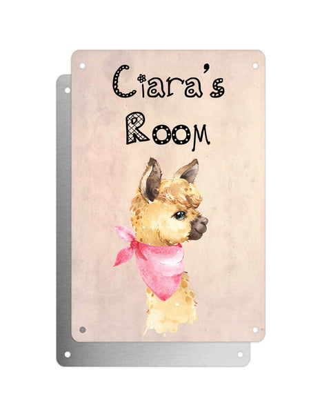 Cute Animal Personalised Name Plaque – Little Brown Llama With Pink Neck Tie | Vintage-Style Aluminium Sign for Kids’ Room