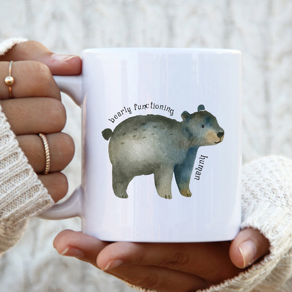 Bearly Functioning Human, Funny Birthday Gift with Cute Bear Design, Personalised Mug