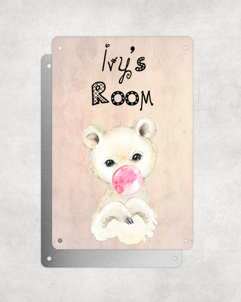 Cute Animal Personalised Name Plaque – Baby Polar Bear With Bubblegum | Vintage-Style Aluminium Sign for Kids’ Room
