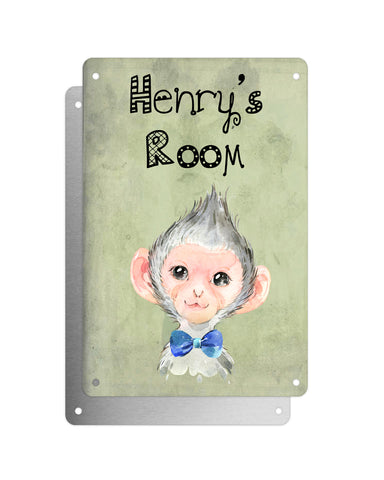 Cute Animal Personalised Name Plaque – Baby Monkey With Blue Bow Tie | Vintage-Style Green Aluminium Sign for Kids’ Room