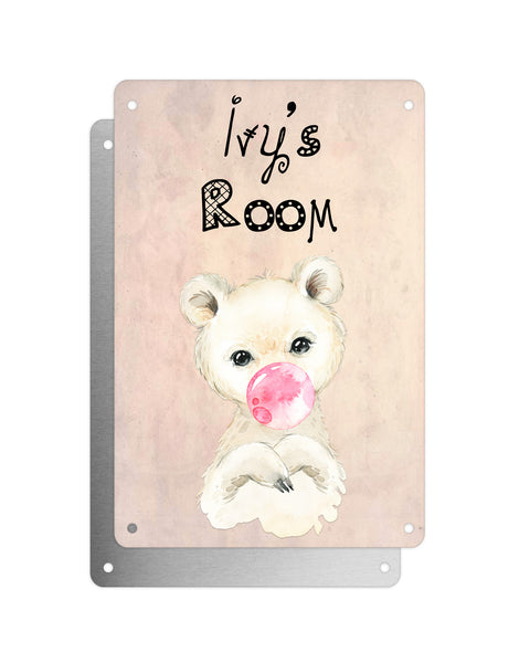 Cute Animal Personalised Name Plaque – Baby Polar Bear With Bubblegum | Vintage-Style Aluminium Sign for Kids’ Room