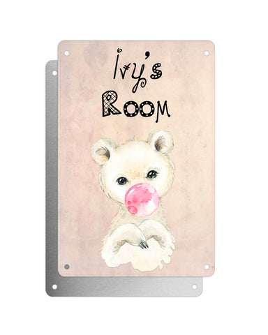 Cute Animal Personalised Name Plaque – Baby Polar Bear With Bubblegum | Vintage-Style Aluminium Sign for Kids’ Room
