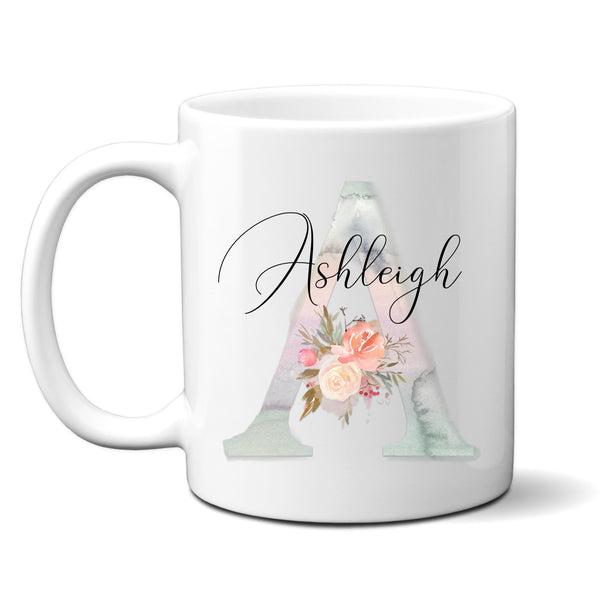 Watercolour Floral Initial With Name, Whimsical Boho Style, Cute Birthday Gift for Her, Personalised Mug