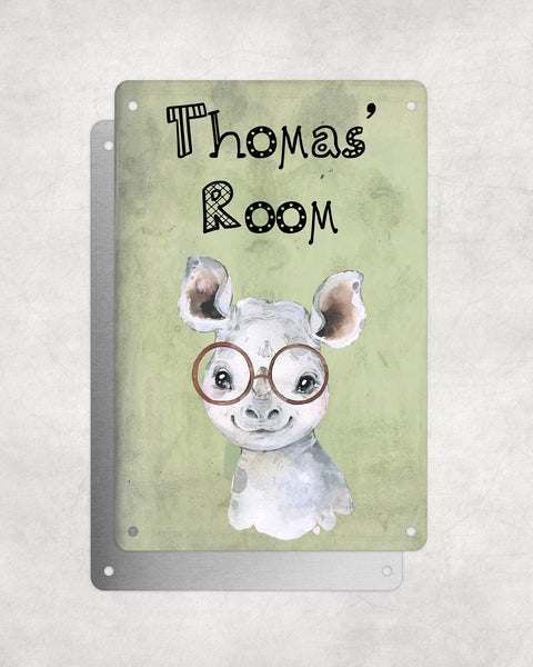 Cute Animal Personalised Name Plaque – Baby Rhino With Brown Glasses | Vintage-Style Green Aluminium Sign for Kids’ Room